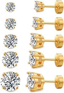 Kainier 5 Pairs CZ Stud Earrings Flat Back Earrings Simulated Diamond Round Surgical Steel Cubic Zirconia Hypoallergenic Flat Back Ear Stud Set