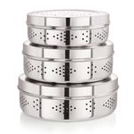 ivbox® BIG-3Pcs Stainless Steel Hole Container Dabba Storage Box with Air Ventilation Keeps Food Fresh - Puri, Coriander, Chilly, Vegetable and Fruits, Silver