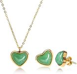 Temoto Green Heart Jewelry Set for Women - Dainty Necklace and Earring Sets for Women Valentines Day Gifts for Her Women Teenager Women Gift Ideas Gold Plated Earrings