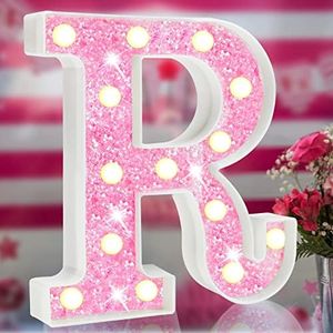 Pink Light Up Letters, Glitter Alphabet Letter Sign Pink LED Marquee Letter Lights Battery Powered for Night Light Girls Bedroom Birthday Party Wedding Home Christmas Decorations Gift for Her-Pink R