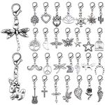 30pcs Clip on Charm Pendants Vintage Mixed Animal Flower Heart Beads Charms with Lobster Clasps Jewelry Accessories for DIY Earrings Necklace Crafts Decoration, Antique Silver