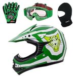 Zorax Green M (51-52cm) ZOR-X17 Children Kids Motorbike Helmet ECE 2206 & Gloves M(6cm) & Goggles & Balaclava - Dirt Bike Off Road Motocross Helmet