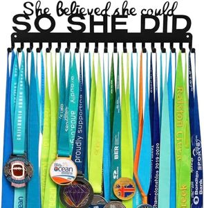 Medal Hanger Display - She Believed She Could She Did,Sturdy Metal Personalized Medal Holder for Sport Race Runner Gymnast Swimmer Soccer Women Girls Gift,Organizer Hold 80 Award Medals Easy Install