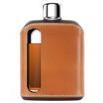 Ragproper Modern Glass Hip Flask - Durable Leather Covered Flask for Whiskey, Spirits, & Other Liquor - Ideal Glass Flask for Men & Women (Double Shot 240ml, Leather Dark & Tan)