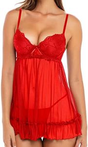 Rene Rofe Push Up Babydoll - Sexy Lingerie Chemise Babydoll withUnderwire Support and matching G-String Panty, Red, Small