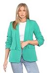 janisramone Womens Ruched Sleeve Fully Lined Blazer Ladies Plain Open Collared Casual Office Formal Jacket Top Jade Green