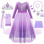 TOLOYE Princess Costume Dress for Girls, Elsa Dress up for Girls, Purple Frozen Princess Dress with Crown Fairy Wand Necklace