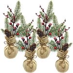 BANBERRY DESIGNS Burlap Floral Pots - Set of 4 - Frosted Berry and Pinecone Arrangements with Greenery Accents - Christmas Decorations - Xmas Crafting Accessory Each is 13" H