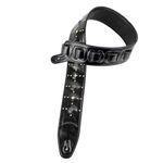 Walker & Williams GE-221 Black Padded Guitar Strap with Inset Brass Studs & Silver Rivets For Acoustic, Electric, And Bass Guitars, Black, Regular