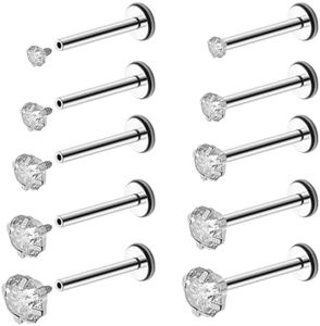 Pierstyles 16G 18G Internally Threaded 2/3/4/5/6MM Labret Surgical Steel Clear CZ Stud Piercing Jewelry for Conch, Helix, Tragus, Earlobe, Medusa, Lip - Silver Nose Ring Studs Flat Back Screw On for