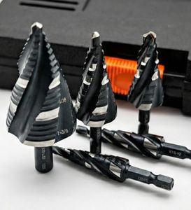 Four Spiral Flute Step Drill Bit Set - 1/8"-1-3/8" 5PCS HSS Unibits with 1/4" and 3/8" Quick-Change Hex Shank and Storage Case, for Metal, Wood, Electrical Installation, Auto Repair & Home Use