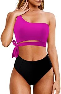 MOOSLOVER Women One Shoulder High Waisted Bikini Tie High Cut Two Piece Swimsuits(M,Rose Red-Black)