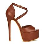 ESSEX GLAM Womens Stiletto Heel Platform Sandals Ladies High Heel Ankle Strap Prom Party Shoes (6, Brown Synthetic Leather, numeric_6)