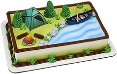 Decopac Fireside Camp Cake Decoration, 3 Piece With Light Up Tent, Food Safe, Multicoloured, Tent: 3"L x 2.6"W x 1.9"H; Canoe with Oar: 3.5"L x 1.65"W x 1.2"H; Campfire: 1.4"D x 1.2"H