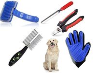 Yuppy Puppy Pet Grooming Accessories Kit With cat and dogs Slicker Brush, Hair Double Side Comb, Nail Clipper, Nail Grinder and Grooming Gloves Kit (Pack of 5)