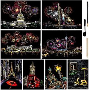 Scratch Art for Kids & Adult, Rainbow Engraving Painting Landscape Scratchboard(A4) Crafts Set: 8 Sheets 4 Tools - Congress Building, Burj Al Arab, Eiffel Tower, Big Ben, Moscow(Fireworks/Building)