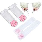 Cute Cat Paw Pad Thigh High Socks, Pink 3D Kitten Claw Mittens Long Fingerless Gloves for Girls Women Cat Cosplay (White-1)
