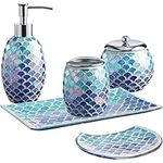 Bathroom Accessory Set | 5-Piece Decorative Glass Bathroom Soap Dispenser Set | Soap Dispenser, Tray, Jar, Toothbrush Holder | Elegant Blue Mosaic Glass Mermaid Bathroom