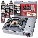 Chef Master 90235 Butane Countertop Stove Combination Pack | Includes 4 x 8 oz. Tins of Butane Fuel | 12,000 BTU | Portable, with Carry Case | 1 Click Ignition | Double Wind Guard