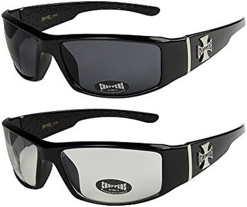 Choppers - Pack de 2 gafas de sol motero unisex hombre mujer moto bici lentes - 1x Modelo 01 (negro brillante / negro tintado) y 1x Modelo 14 (negro brillante / casi transparente) - Modelo 01 + 14 -