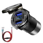 Ktilura USB Car Charger Socket,12V 4 Port Fast Charging Outlet,Dual 30W PD Type C & Dual 18W QC3.0 USB-A Charger Power Outlet Panel with LED Digital Voltmeter for Car/Boat/Motorcycle/SUV/RV Truck