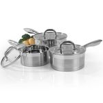 Salter BW06734 3 Piece Stainless Steel Saucepan Set, Flat Glass Lids With Steam Vents, Lightweight 16/18/20cm Cooking Pans, Induction Hob/Dishwasher Suitable, Easy Clean Scratch Resistant Satin Finish