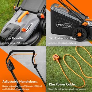 VonHaus 1800W Electric Lawnmower – 52L Bag, 430mm Width, Adjustable Handle