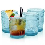 IMPULSE! Tuscan Rocks Glass Set - Aqua, Dishwasher Safe, Chic Vintage Style - 8 oz - Ideal for Gin, Mixed Cocktails, Bourbon, Margaritas, Soft Drinks, Beer, Water - Mexican Style Glasses - Set of 4