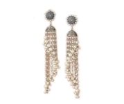 UnfoldSelf Oxidised Silver Jhumka Earrings for Women | Long Pearls Tassel Handmade Earrings for Girls and Women