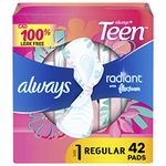 Always Radiant Teen Feminine Pads with FlexFoam, Size 1, Regular, with Wings, Unscented, 42 CT