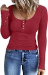 Findsweet Womens Long Sleeve Henley Tops Slim Fit Button Down Sweater Scoop Neck Ribbed Knit Shirts L, Wine red