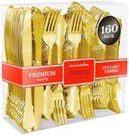 Plastic Silverware Set- 80 Gold Forks, 40 Gold Spoons, 40 Gold Knives, Heavy Duty Disposable Utensils, Heavyweight Cutlery, Elegant Flatware for Dinner Party, Wedding, Holiday Parties