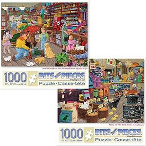 Bits and Pieces - Value Set of Two (2) 1000 Piece Jigsaw Puzzles for Adults - New Friends at The General Store, Party in The Feed Aisle Jigsaws by Artist Joseph Burgess