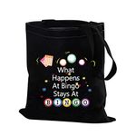 PXTIDY Bingo Gift Bingo Game Cosmetic Bag What Happens at Bingo Stays at Bingo Makeup Pouch Casino Gambling Gift Lucky Bingo Makeup Toiletry Bag for Bingo Lover Gambler (Black Tote Bag)