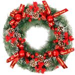 QBA 20 Inch Christmas Wreath for Front Door, Artificial Christmas Wreath with Christmas Balls Ribbons Pinecones Berries Pine Needles for Fireplace Windows Staircase Wall Indoor Outdoor Xmas Decor