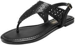 DREAM PAIRS Women's Rhinestone Casual Wear Cute Gladiator Flat Sandals Beach Dressy T-Strap Thong Sandals,Size 9,ALL BLACK,MEDINIE