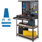 TANGZON Workbench with Pegboard, Multi-Use Workbench with 4 Shelves, Topping Space,2 Drawer, Robust Metal Frame, Heavy-Duty Work Table Tool Storage Bench for Workshop warehouse Basement (Black + Blue)