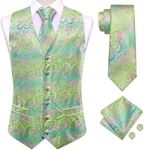 Hi-Tie Mens Suit Vest Tie set Classic Waistcoat and necktie Handkerchief Cufflinks Suit Wedding Party, Green Designer Paisley, Small