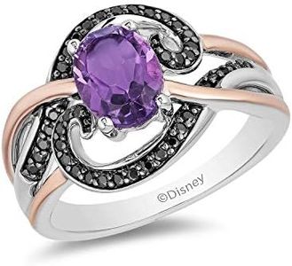 Jewelili Enchanted Disney Fine Jewelry Sterling Silver with Rose Gold Plating, Black Rhodium 1/5 cttw and Amethyst Ursula Ring, size 5