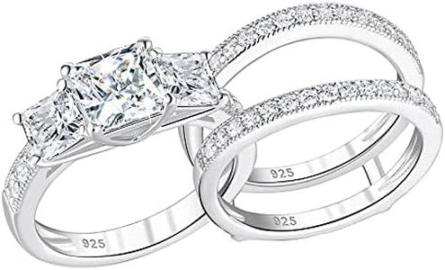 SHELOVES Three-Stone Princess Cut AAAAA Cz Wedding Ring Set Rings Enhancers 925 Sterling Silver Sz 7