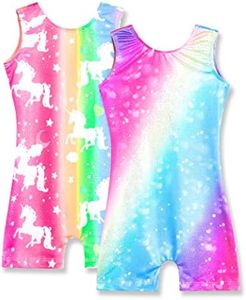 Nymphperi Gymnastics Leotards for Girls 2 Pack Size 4t 5t Soft Colorful Rainbow Sparkly Biketards Cute Unicorn Sleeveless Swimsuit for Birthday Gift