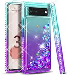 STARSHOP Google Pixel 7 Case, with [Tempered Glass Screen Protector Included] Liquid Bling Sparkle Floating Glitter Quicksand Diamond Phone Case Girls Women Cute, for Google Pixel 7 - Teal/Purple