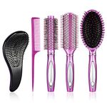 5 Pieces Hair Brush Set Detangling Brush Paddle Brush Round Hair Brush Tail Comb Wet Dry Brush for Women Men Hair Styling (Purple)