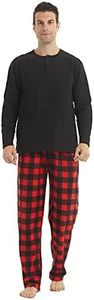 Lanbaosi Mens Pajama Sets Long Sleeve Henley Pj Shirt Polar Fleece Buffalo Plaid Pants Warm Sleepwear Loungewear Red Blk