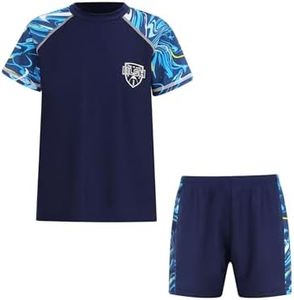 FEESHOW Kids Boys 2 Piece Swimsuit Short Sleeve Rash Guard Shirt with Shorts Bathing Set UPF 50+ Swimwear Ca Navy Blue 9-10 Years