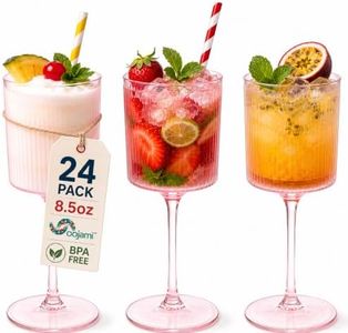Oojami 24 Pack Pink Plastic Champagne Flutes, 8.5oz Ribbed Disposable Champagne Glasses, Long Stem Vintage Mimosa & Sparkling Wine Cups for Weddings, Parties, Celebrations
