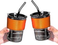 KiKiluxxa Green Tea and Coffee Glass Sipper Tumbler Mug with Straw Pack of 2 - Fruit Juice Milk Cocococola Cup with Straw (Blacknox Tumbler)