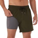 BRISIRA Swim Trunks Men Quick Dry Swim Shorts 5 inch Inseam Stretch Water Beach Shorts with Compression Liner Zipper Pocket ArmyGreen