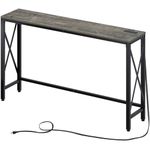 Rolanstar Console Table with Power Outlet, Narrow Sofa Table, 55.1" x 11.8" Farmhouse Table Behind Sofa Couch Hallway Entrance for Living Room, Entryway, Foyer, with Metal Frame,Grey