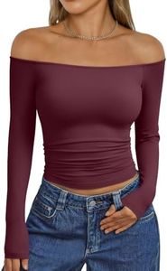 Trendy Queen Womens Long Sleeve Off Shoulder Tops Going Out Basic T Shirts Cute Crop Boat Neck Y2K Fall Fashion 2026 Outfits Clothes Wine XS